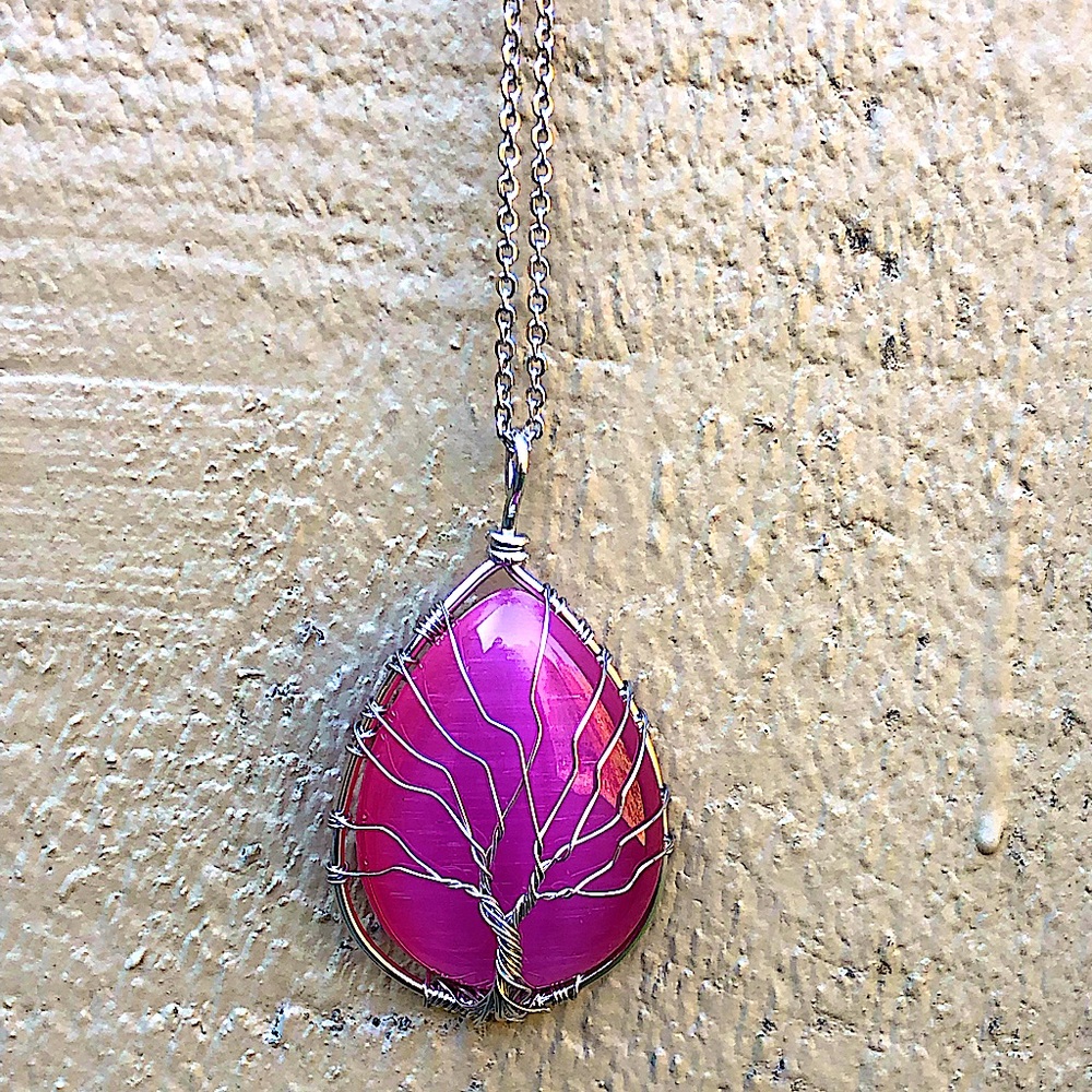Gorgeous pink stone necklace- 18 inch on silver chain. New/with gift bag